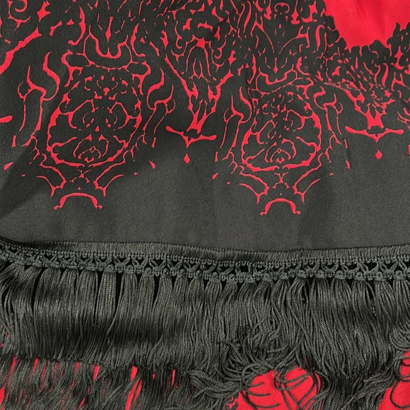 Peter Nygard Scarf Double Sided Black Velvet Red Printed Silk Fringe - Picture 16 of 16